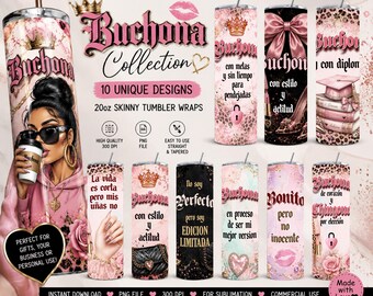 Adesivos para Copo Térmico Buchona, 10 Designs PNG para Sublimação, Copos Térmicos Finos de 590ml, Glamour Latino, Pacote Digital, Download Instantâneo, Copo Térmico Chingona