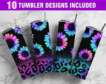 Neon sunflower tumbler designs, glitter leopard print wrap, glitter tumbler template, PNG digital download