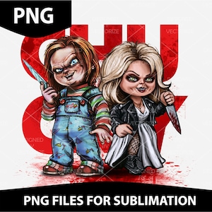 Puede incluir: Una ilustración digital de dos personajes de la película de terror Child's Play. Los personajes son Chucky y Tiffany, ambos sosteniendo cuchillos. El fondo es rojo con la palabra "Chucky" en blanco.