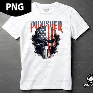 Puede incluir: Camiseta blanca con un gráfico de una calavera con el diseño de la bandera estadounidense. El texto "The Punisher" está por encima de la calavera.