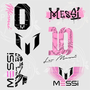 Puede incluir: Un conjunto de elementos de diseño digital con el nombre "Messi" en varios estilos. Los diseños incluyen un logotipo en blanco y negro, un número "10" rosa y blanco, y un gráfico rosa y blanco con el texto "Messi".