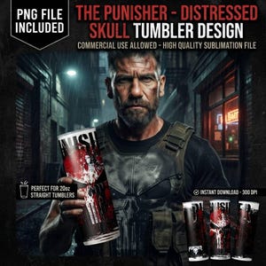 The Punisher Tumbler Wrap Bundle, 20oz Straight Tumbler PNG, Distressed Skull Sublimation Design, Action Movie Digital Download