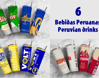 6 designs de copos de refrigerante peruanos, design de copo de 590 ml, rótulo de cerveja peruana, PNG de copo, design peruano em PNG, PNG de copo peruano