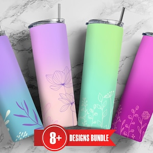 Puede incluir: Cuatro vasos de acero inoxidable con diferentes degradados de colores y diseños florales. Los vasos están dispuestos en una fila sobre una superficie de mármol blanco. El texto "8+ DESIGNS BUNDLE" es visible en la parte inferior de la imagen.