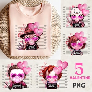 Puede incluir: Cinco imágenes digitales con temática de San Valentín con personajes de dibujos animados de películas de terror. Cada personaje lleva gafas de sol en forma de corazón rosa y sopla una burbuja. Los personajes son Jason Voorhees, Freddy Krueger, Michael Myers y Pennywise. Cada imagen tiene un fondo rosa y blanco con una regla y el texto "You Slay My Heart", "Be Mine", "If I Had Feelings They'd Be For You", y "You Slay My Heart".