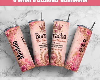 Adesivo para copo térmico Borracha PNG 20oz, design fino para sublimação, frase engraçada em espanhol, coroa de flores rosa, presente para festa latina, download instantâneo