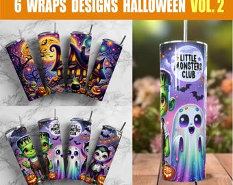 Opakowanie 6 opakowań na kubki na Halloween, neonowe wzory na Halloween, PNG.