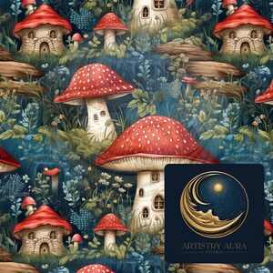 Rot & Blau Pilz Cottages, wunderliches Haus, Fantasy Illustration, Natur inspiriert, digitaler Download, schöne Tapete, nahtloses Bild