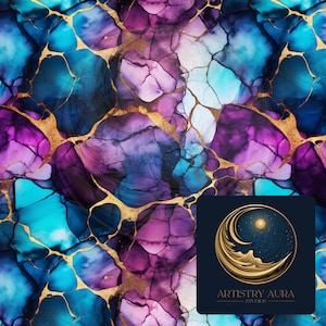 Könnte beinhalten: Abstrakter Kunstdruck mit einem wirbelnden Muster in Blau, Lila und Gold. Der Druck hat eine marmorierte, strukturierte Optik und erinnert an eine Galaxie.