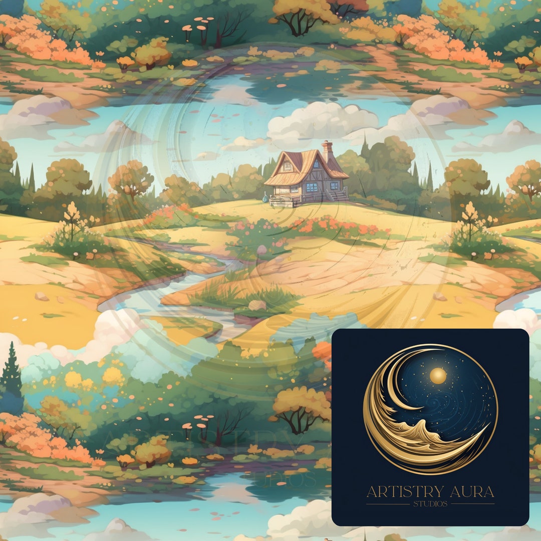 Studio Ghibli Inspired Seamless Landscape Digital File, Whimsical ...