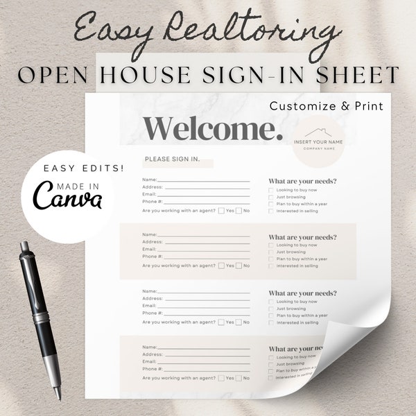 Sign-In Sheet For Open Houses | Real Estate Marketing | Customizable Template | PDF Print | Digital Download | Canva | Realtors and Agents