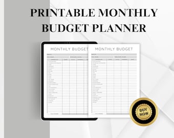 May include: A digital tablet and a printed sheet display a "Monthly Budget" template. The text "Printable Monthly Budget Planner" is at the top. A gold and black "Buy Now" sticker is in the lower right corner.