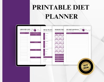 Weekly Meal Planner with Grocery List Printable Template, 7 Day Menu Plan, Food Planner, Health & Fitness, A4/A5/Letter/Half