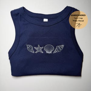 Top z haftem muszli, topy plażowe Bella Canva, top na wakacje na plaży