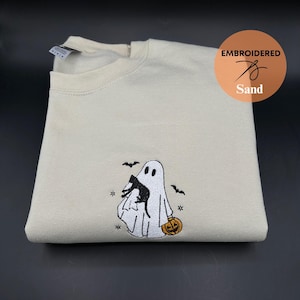 Halloween Embroidered Sweatshirt, Cute Black Cat Crewneck For Women, Spooky Cat Mom Fall Sweater, Ghost With Black Cats Embroidered Shirt