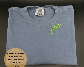 Collar Embroidered Tee, Personalized Tee, Bridesmaid Tee, Name Tee, Comfort Colors, Bridal Party Gifts, Neckline Embroidered Mama Tee