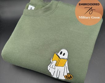 Fantôme de lecture, sweats à capuche fantômes mignons, sweat-shirt livre fantôme brodé, pull de la saison effrayante d'automne, cadeau bibliothécaire livresque professeur d'Halloween