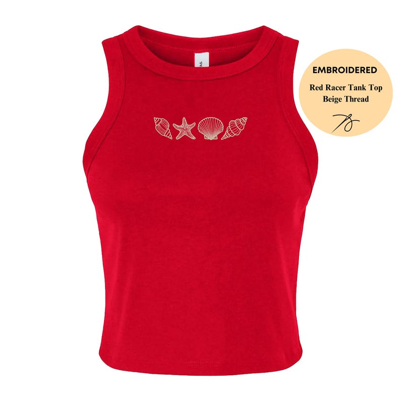 May include: A red racerback tank top with embroidered seashells and a starfish design in beige thread. The tank top has a round neckline and is sleeveless. The text "EMBROIDERED Red Racer Tank Top Beige Thread" is in the upper right corner.