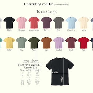 May include: A size chart for t-shirts with a variety of colors and a measurement guide for width and length in inches. The chart shows sizes S through 3XL with corresponding width and length measurements.