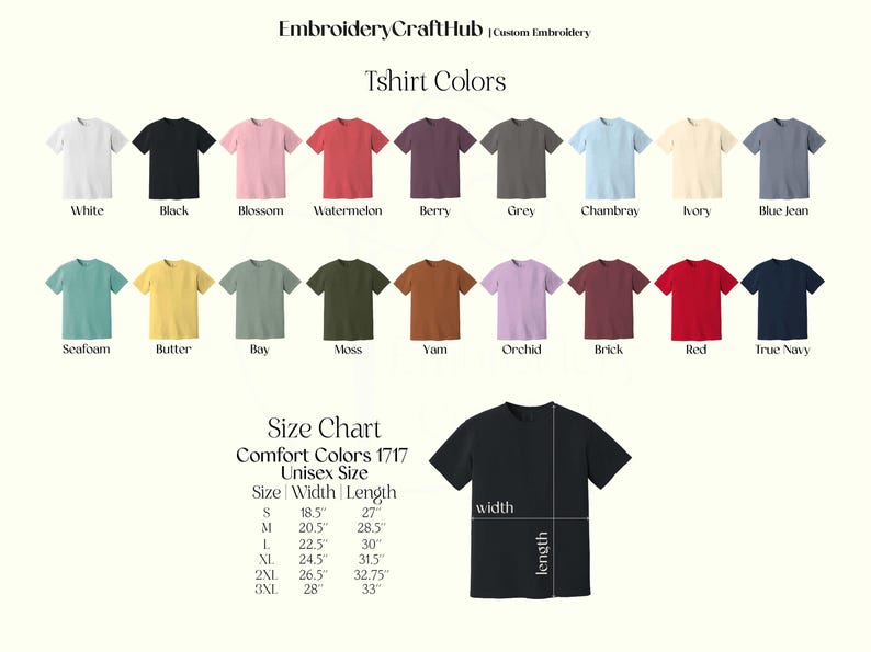 May include: A size chart for t-shirts with a variety of colors and a measurement guide for width and length in inches. The chart shows sizes S through 3XL with corresponding width and length measurements.