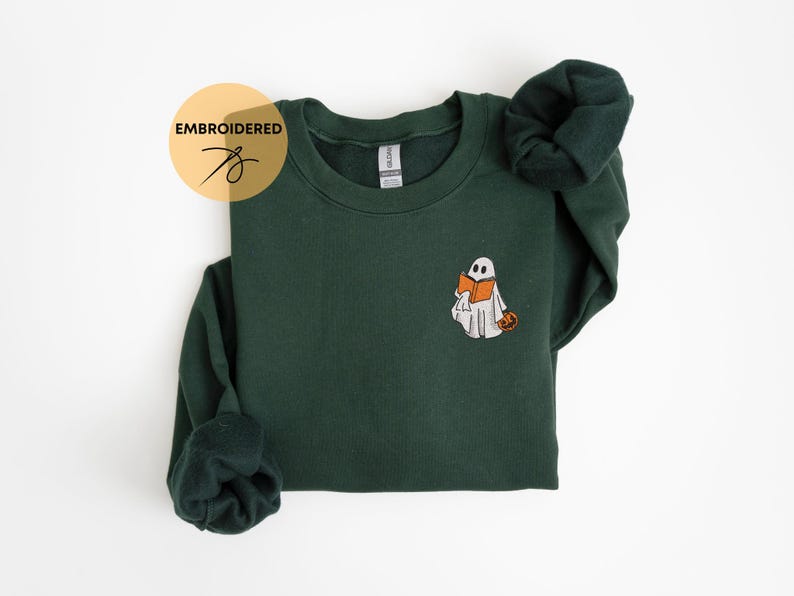 Läsande spöke, söta spökhuvtröjor, broderad spökboktröja, läskig hösttröja, Halloween-läsare och bibliotekariegåva bild 7
