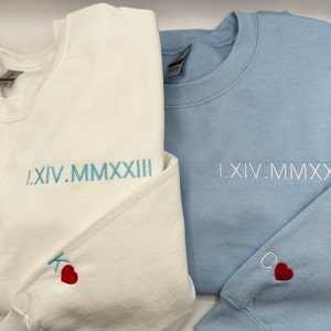 Custom Embroidered Roman Numeral Sweatshirt | Date, Heart and Initial On Sleeve | Personalized Couples Gifts | Couple Valentines Gift