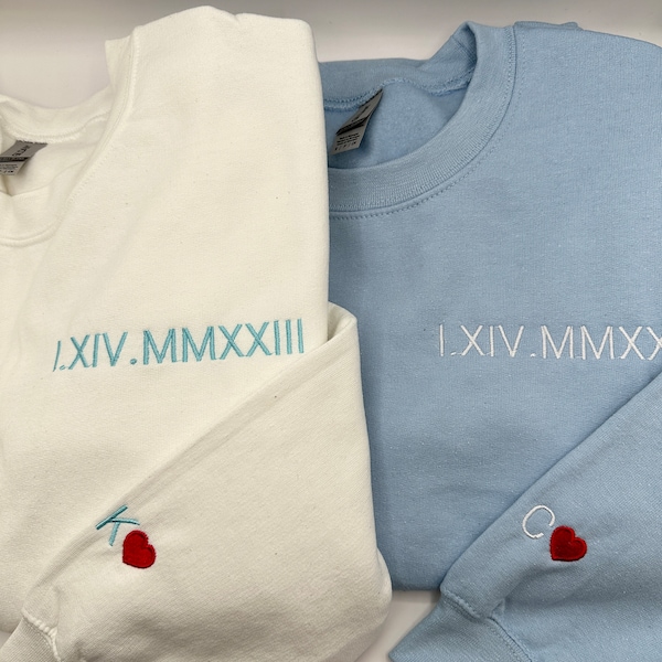 Custom Embroidered Roman Numeral Sweatshirt | Date, Heart and Initial On Sleeve | Personalized Couples Gifts | Couple Valentines Gift