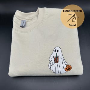 Embroidered Ghost With Coffee Sweatshirt, Halloween Sweatshirt, Cute Ghost Sweatshirt, Ghost Sweatshirt, Little Ghost Ice Coffee Shirt