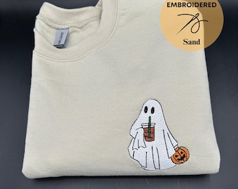 Embroidered Ghost With Coffee Sweatshirt, Halloween Sweatshirt, Cute Ghost Sweatshirt, Ghost Sweatshirt, Little Ghost Ice Coffee Shirt