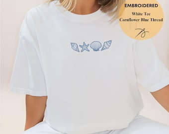 Sea Shell Embroidered T Shirt, Beach Shirt, Beach Lover Gift, Ocean Shirt, Summer Shirt, Sea Shells