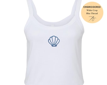 Embroidered Sea Shell Crop Tank Top, Beach Vacation Coastal Summer Outfit