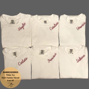 May include: Six white t-shirts with embroidered names in dark fuchsia thread. The names are Haydee, Catalina, Veronica, Carlotta, Francesca, and Sabrina. The shirts are labeled with the text "COMFORT COLORS".