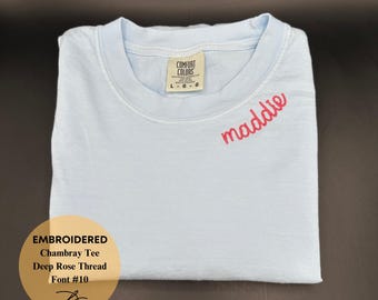 Custom Embroidered Neckline Tee, Collar Embroidery, Comfort Colors, Name Tee, Custom T shirt, Embroidered Collar Shirt, Bridal Party Gift