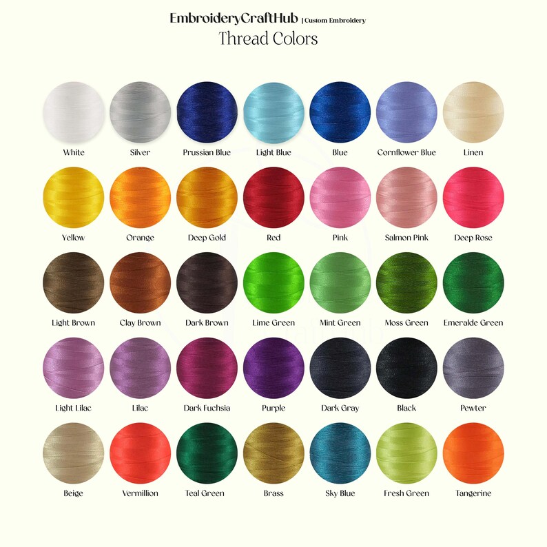 May include: A color chart of embroidery thread options. The image displays a variety of thread colors, including white, blue, green, and orange. The text "Embroidery CraftHub" and "Thread Colors" are at the top.