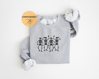 Embroidered Dancing Skeleton Sweatshirt, Funny Skeleton Halloween Sweater, Halloween Shirt, Spooky Season Crewneck, Halloween Hoodie Gift