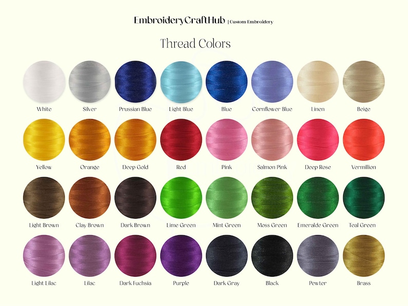 May include: A chart of 24 different embroidery thread colors, arranged in four rows of six colors each. The colors are labeled with their names, including white, silver, Prussian blue, light blue, blue, cornflower blue, linen, beige, yellow, orange, deep gold, red, pink, salmon pink, deep rose, vermilion, light brown, clay brown, dark brown, lime green, mint green, moss green, emerald green, teal green, light lilac, lilac, dark fuchsia, purple, dark gray, black, pewter, and brass.