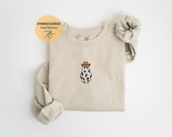 刺繍入りカウボーイゴーストスウェットシャツ、ハロウィンスウェットシャツ、刺繍入り秋スウェットシャツ、ハロウィンクルーネック、ゴーストシャツ、不気味な季節