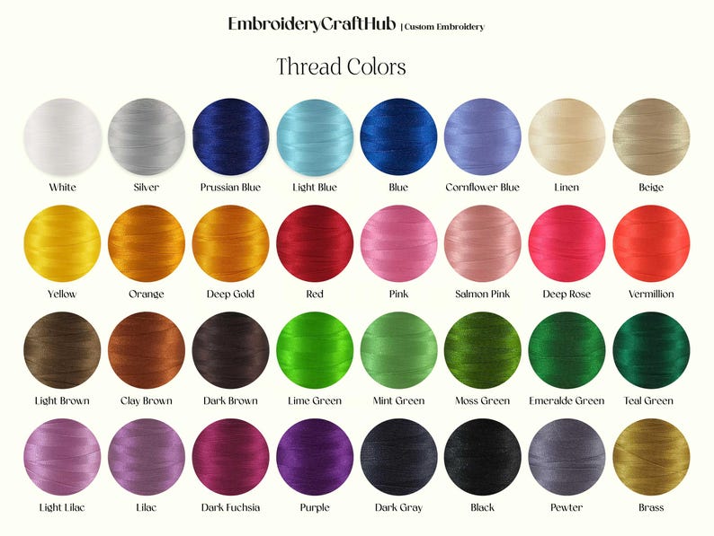 May include: A chart of 24 embroidery thread colors, arranged in four rows of six colors each. The colors are labeled with their names, including white, silver, Prussian blue, light blue, blue, cornflower blue, linen, beige, yellow, orange, deep gold, red, pink, salmon pink, deep rose, vermilion, light brown, clay brown, dark brown, lime green, mint green, moss green, emerald green, teal green, light lilac, lilac, dark fuchsia, purple, dark gray, black, pewter, and brass.