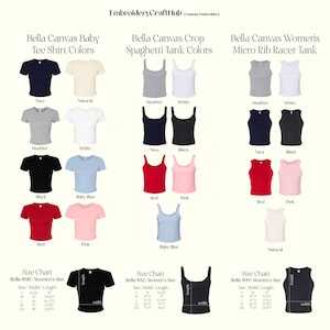 May include: Image showcasing a variety of Bella Canvas baby tee shirts, crop spaghetti tanks, and micro rib racer tanks in various colors. The image includes color swatches and size charts for each style, with measurements in inches.