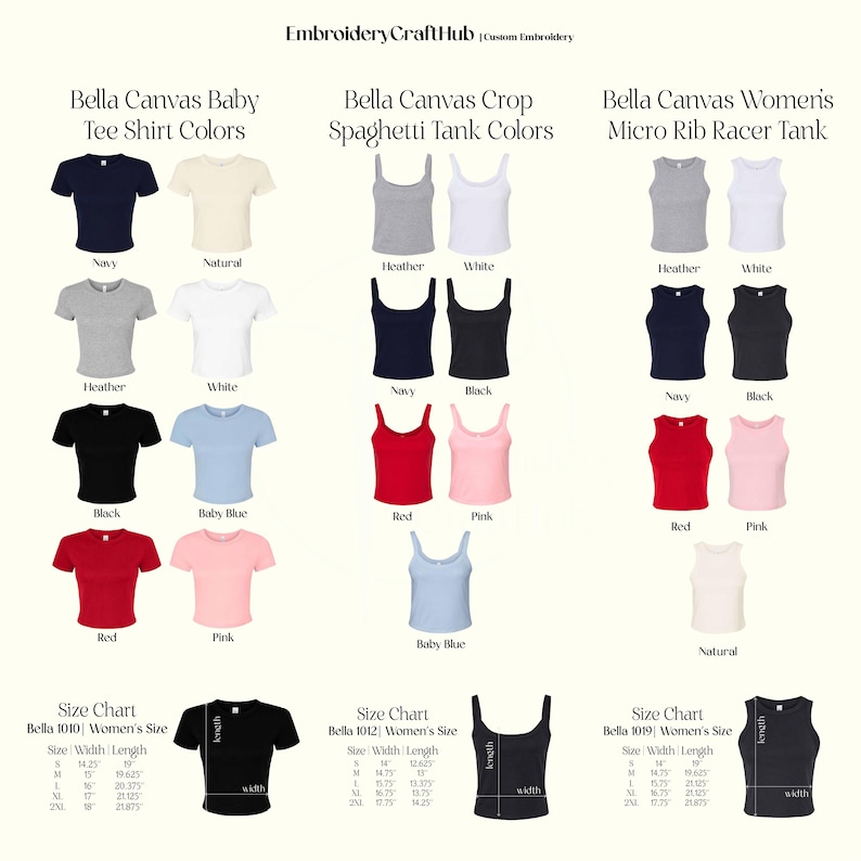 May include: Image showcasing a variety of Bella Canvas baby tee shirts, crop spaghetti tanks, and micro rib racer tanks in various colors. The image includes color swatches and size charts for each style, with measurements in inches.