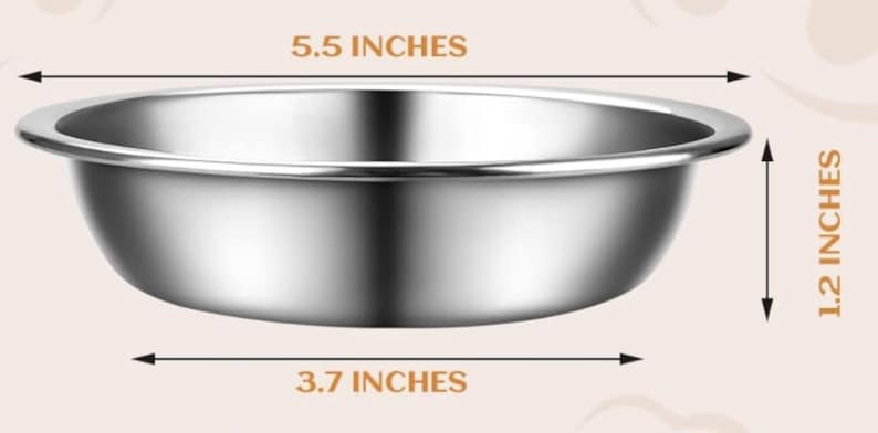 May include: A shiny stainless steel bowl. The bowl has a diameter of 14 cm, a width of 9.4 cm, and a depth of 3 cm. The rim is rolled. The bowl is suitable for food preparation or serving.