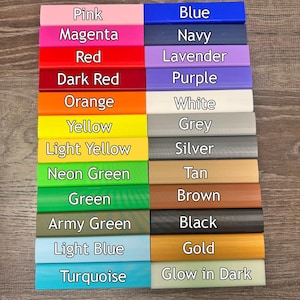 May include: A colour chart displaying rectangular blocks in various hues, such as pink, blue, red, orange, yellow, and green. Each block is labelled with its colour name in white text.