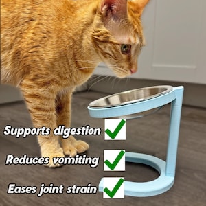 May include: A light blue elevated pet bowl with a stainless steel bowl. The image text reads "Supports digestion", "Reduces vomiting", and "Eases joint strain". An orange tabby cat is looking at the bowl.