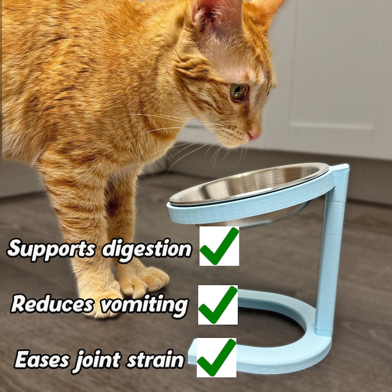 May include: A light blue elevated pet bowl with a stainless steel bowl. The image text reads "Supports digestion", "Reduces vomiting", and "Eases joint strain". An orange tabby cat is looking at the bowl.