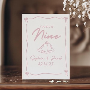 Vintage Wedding Table Numbers - Pink Bow Border, Hand-Drawn Canva Template