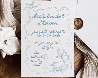 Hand Drawn Bridal Shower Invite - Editable Canva Template with Retro Bow Design