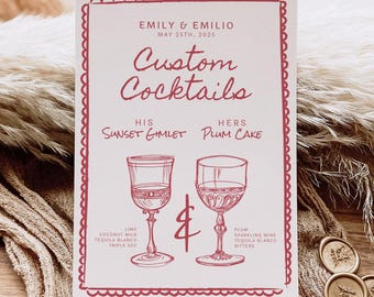 Wedding Cocktail Menu: Hand-Drawn Red & White (Custom Canva Template)