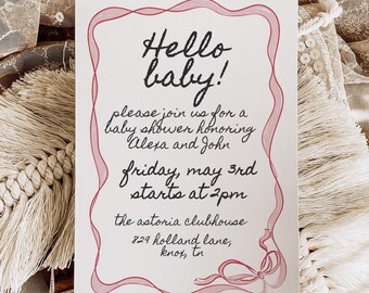 Baby Shower Invitation: Hand Drawn Design (Pink Bow, Canva Template)
