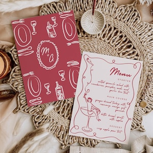 Menüvorlage für italienische Hochzeit Thema, Handgezeichnete Dinner Party Menü, Martini Mädchen Illustration, Vintage Stil, wunderliches Retro Design IT2