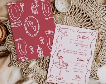 Cocktail Menu Template: Italian Wedding, Hand-Drawn Vintage - Editable Canva PDF